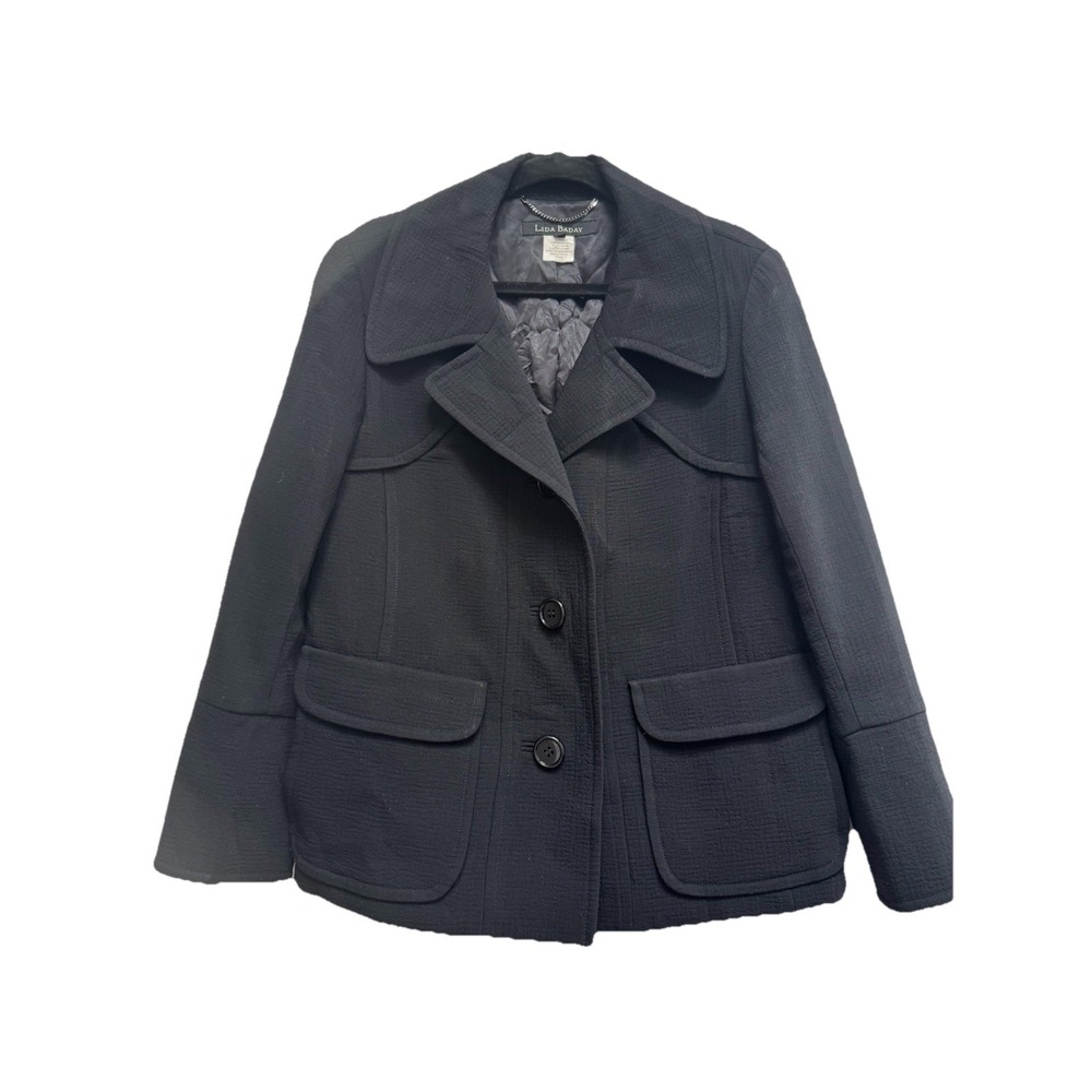 Lida Biday Size 10‎ Pea Coat Black Lined Tailored Fit Broad Collar